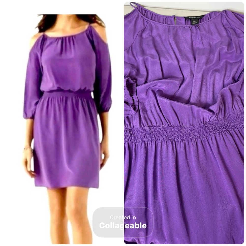 White House Black Market Vibrant Purple Silk Long Sleeve Dress, Medium